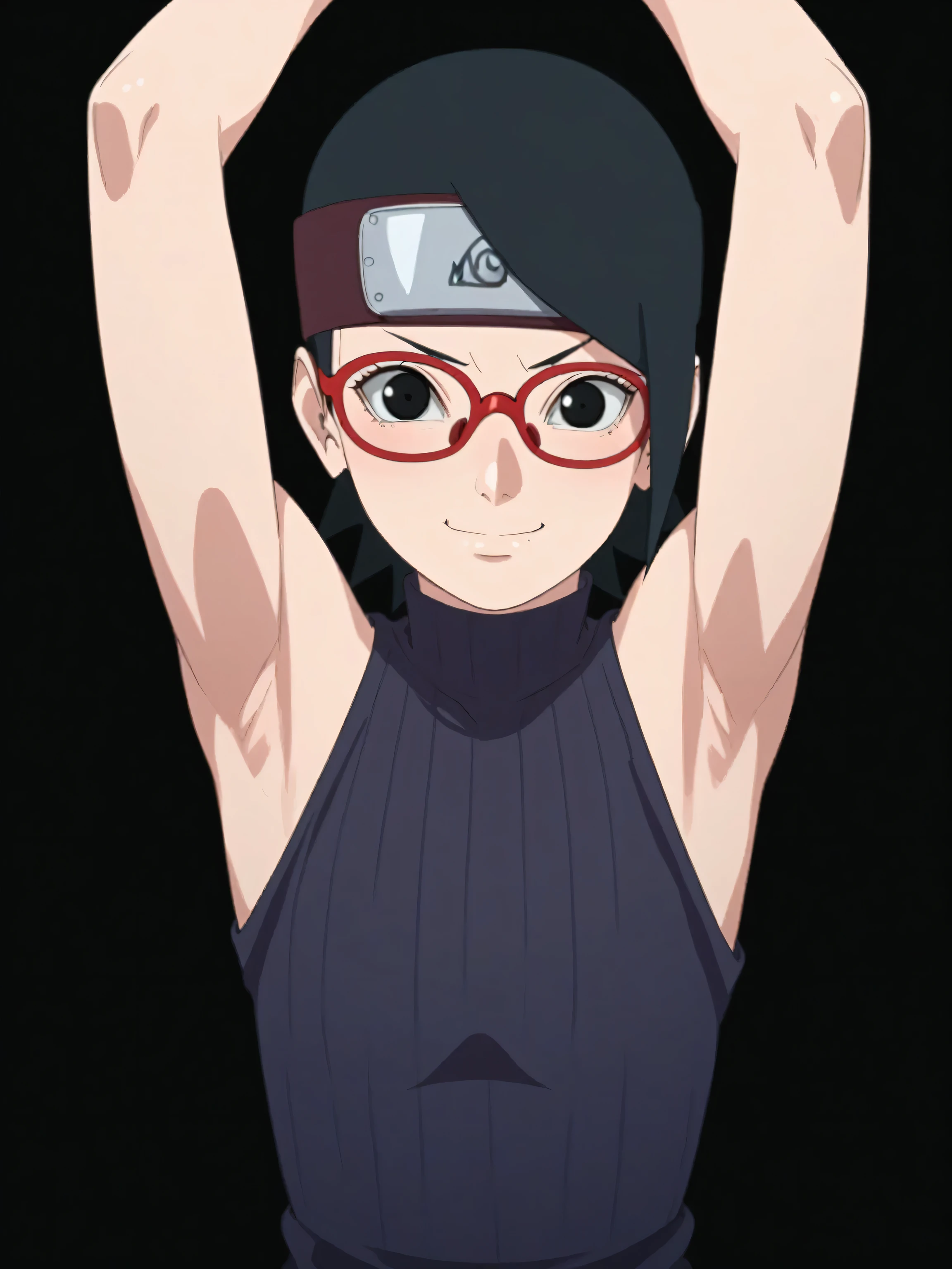 score_9, score_8_up, score_7_up, source_anime, sarada uchiha, short hair, black hair, black eyes, red-framed eyewear, glasses, swept bangs, looking at viewer, eye contact with viewer, smile, (smug:0.8), closed mouth, light blush, bare shoulders, bare arms, sweater, ribbed sweater, ribbed, turtleneck, black sweater, sleeveless sweater, black background, arms up, raised arms, arms behind head, armpits