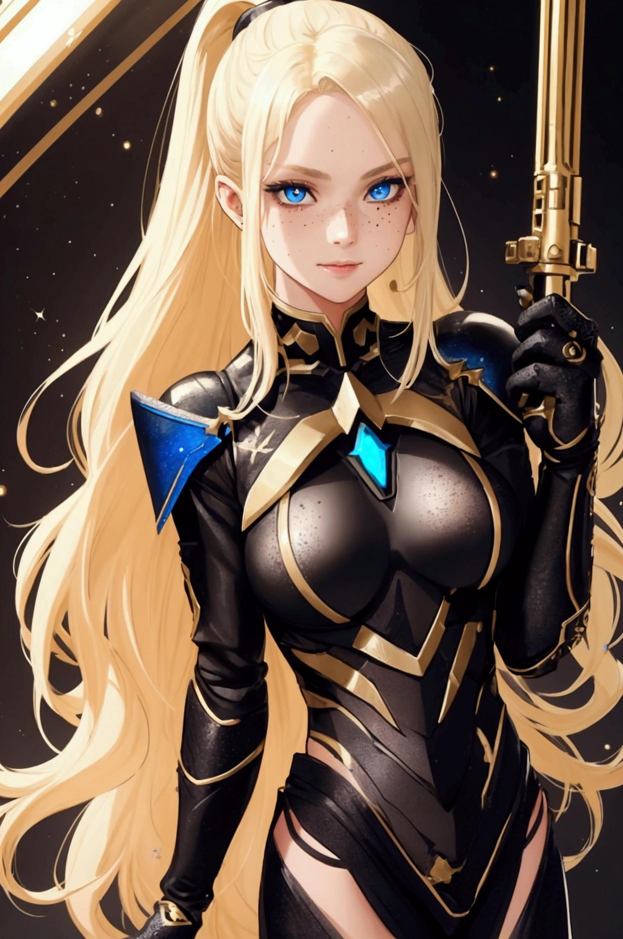 a young blonde girl in a black with gold accent space armor, seductive pose, beautiful detailed face, piercing beautiful detailed blue eyes, light freckles, detailed muscular body, ponytail hairstyle, no background, full body, beautiful detailed lips, light smile on face, karna rifle in her hand, light blood stain on face, full body is visible