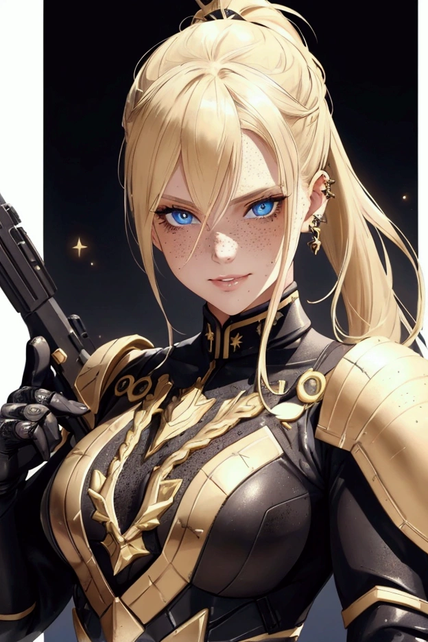 a young blonde girl in a black with gold accent space armor, seductive pose, beautiful detailed face, piercing beautiful detailed blue eyes, light freckles, detailed muscular body, ponytail hairstyle, no background, full body, beautiful detailed lips, light smile on face, karna rifle in her hand, light blood stain on face, full body is visible