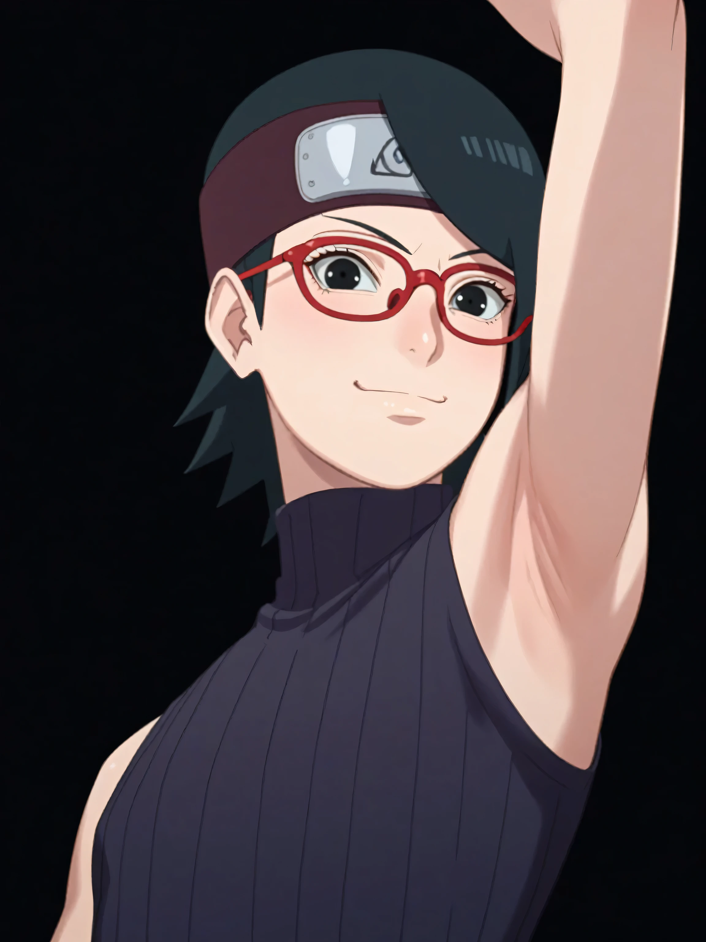 score_9, score_8_up, score_7_up, source_anime, sarada uchiha, short hair, black hair, black eyes, red-framed eyewear, glasses, swept bangs, looking at viewer, eye contact with viewer, smile, (smug:0.8), closed mouth, light blush, bare shoulders, bare arms, sweater, ribbed sweater, ribbed, turtleneck, black sweater, sleeveless sweater, black background, arm up, raised arm, arm behind head, armpit, from side, from below, flat chest