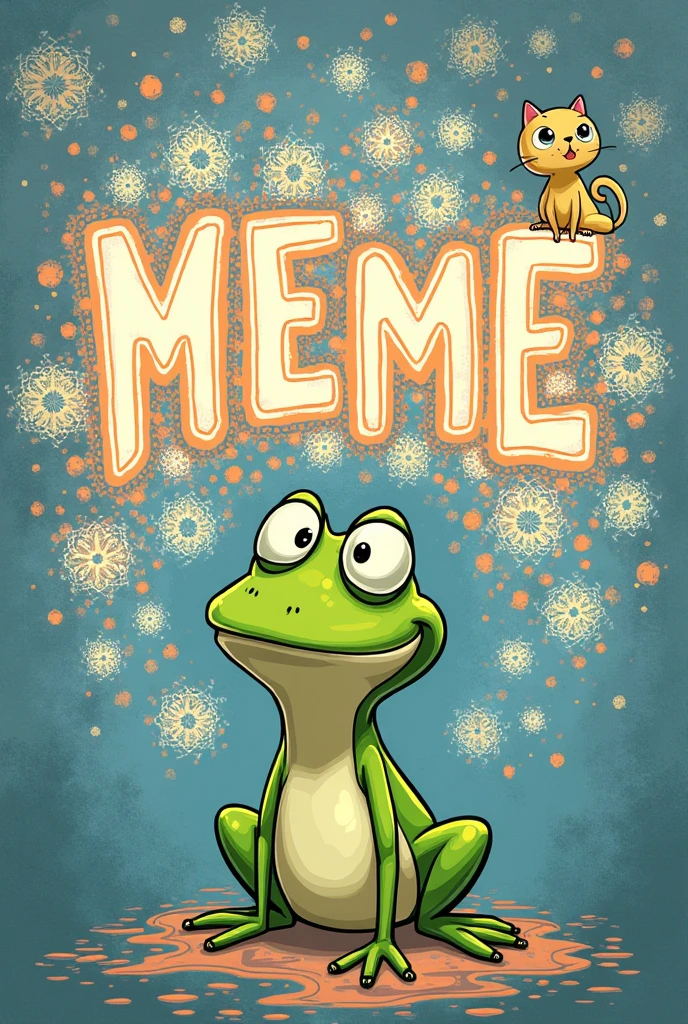 There is a word &References;Memes&References;、Scatter the outline in a fractal fashion、Keep drawing until it no longer fits on the screen。.、Change the outline color each time it expands.、Keep spreading it out there'No more space、A cartoon frog and a kitten are playing with the word Meme、With big actions、