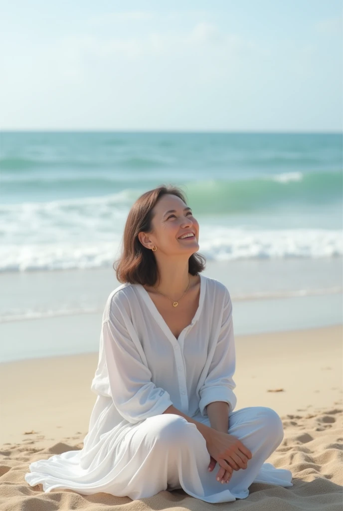 50 year old overweight brunette woman wearing white dress, sitting on the sand with her hands on her thighs and looking at the sky with a simple, sweet smile..realistic magem.