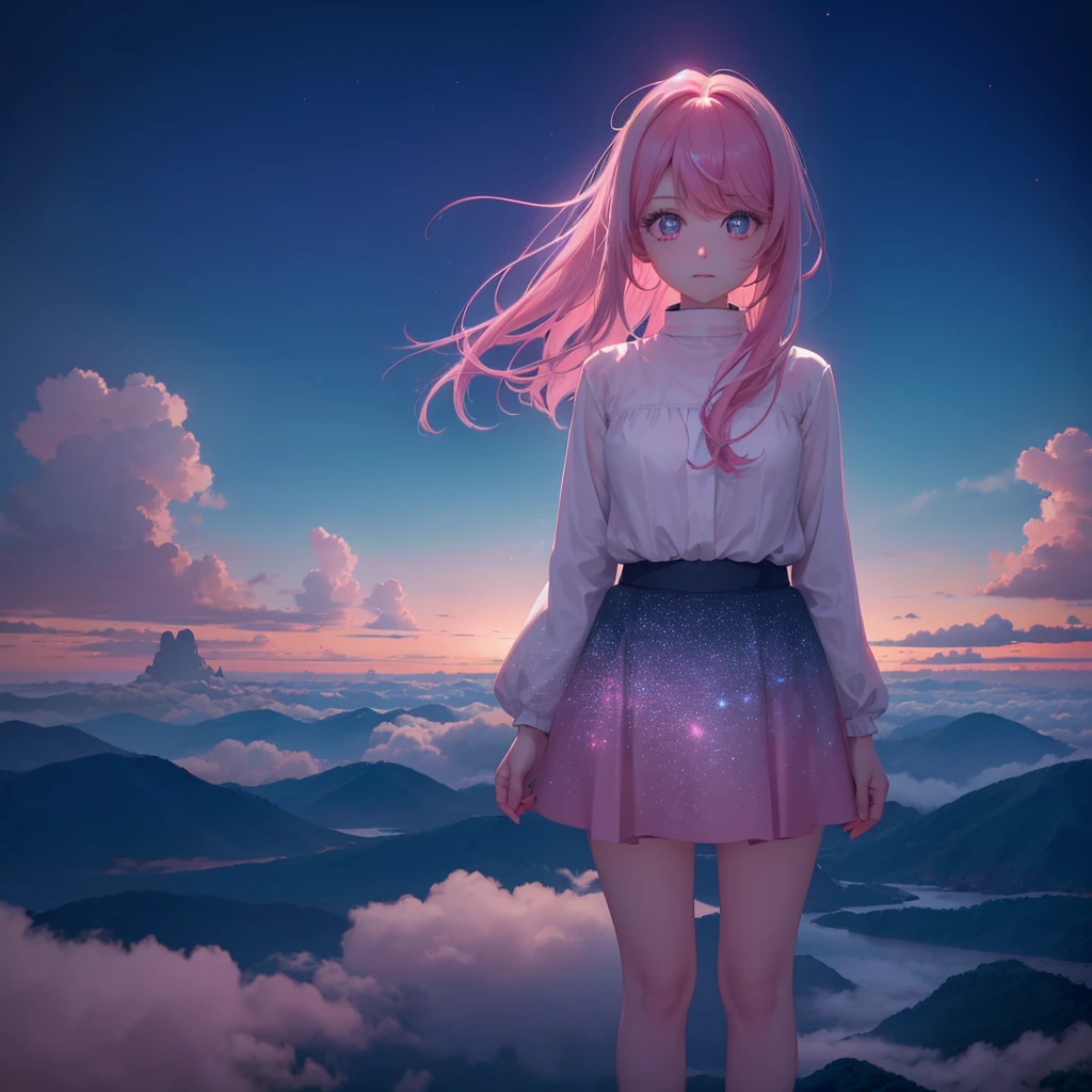 A girl with light pink hair stands on a sea of clouds。The starry sky is spreading out。High resolution。