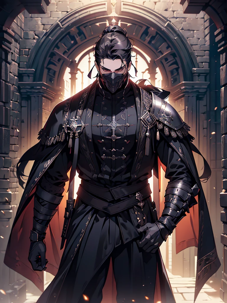 (masterpiece, high quality, cinematic lighting, backlighting, sharp colors)
Tall muscular young man, black hair tied in a bun, dark eyes, compact muscles. Face hidden by a full iron mask, expressionless. Wears medieval robe, leather shirt and pants, armor plates on vital areas. Dark crime scene background, shadowy atmosphere.