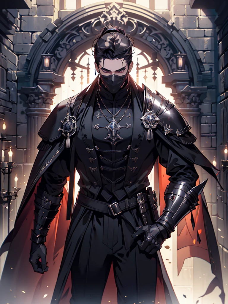 (masterpiece, high quality, cinematic lighting, backlighting, sharp colors)
Tall muscular young man, black hair tied in a bun, dark eyes, compact muscles. Face hidden by a full iron mask, expressionless. Wears medieval robe, leather shirt and pants, armor plates on vital areas. Dark crime scene background, shadowy atmosphere.
