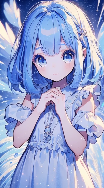 Absurd, High resolution, (Official Art, beautifully、aesthetic:1.2), (Shortsighted:1.15), (One girl, Blue Hair, Medium Hair, blue eyes, Bright Eyes, long white dress, Blue frills,:1.2) blue sky, Sparkling Galaxy, (Uyuni salt lake:1.2), (Fractal Art:0.8), water effects, Ripple effects, (Flower effect: 0.65), Light effects,