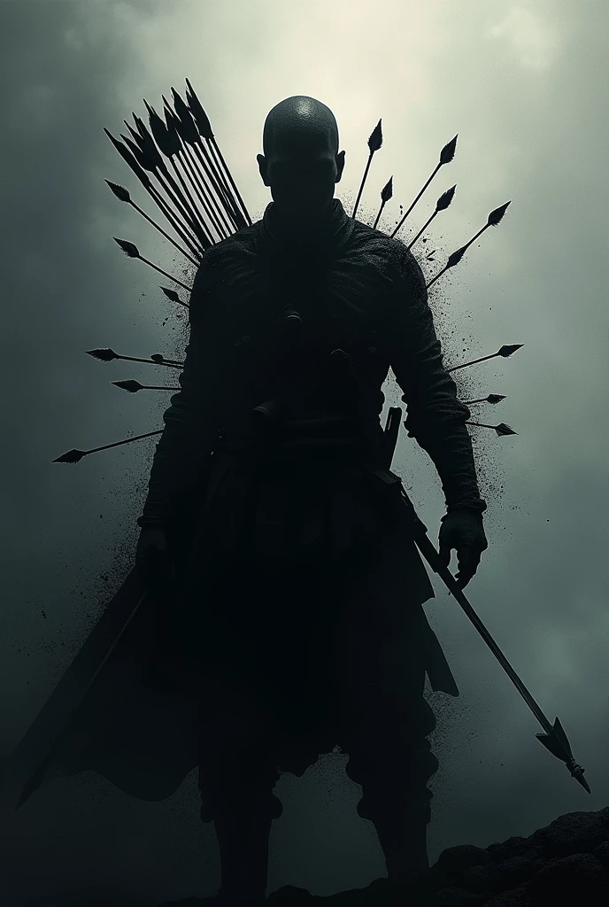 Can you generate a shadow of a soldier with arrows all over his body but still fighting. it should be amoled with 8k quality.