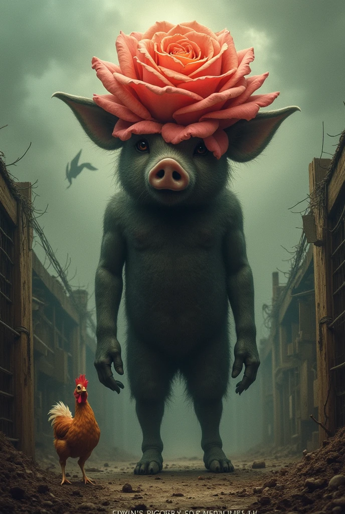 A shadow head of pig and big rose in the middle and chicken cock fighting farm background and EDWIN'S PIGGERY AND CHICKEN FARM ON THE BUTTOM
