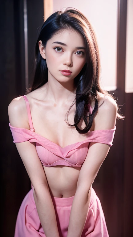 masterpiece, absurdres, 1girl, solo,mature female, off-shoulder strap bra, high waist short skirt, looking at viewer, perfect composition, detailed lips, small breast, beautiful face, body propotion, blush, (pink lips), long hair, purple eyes, soft gaze, super realistic, detailed, photoshoot, realistic face and body,