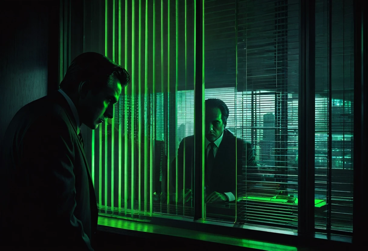 A striking noir-inspired image of a mysterious, shadowy figure. The man's face is partially concealed by the blinds of a skyscraper window, while his cold, calculating eyes reveal his sinister intentions. Behind him, his young female employees are seen working tirelessly to meet an impossible deadline. A flickering neon sign outside the window casts an eerie green light on his face, highlighting the tension and suspense in the scene.