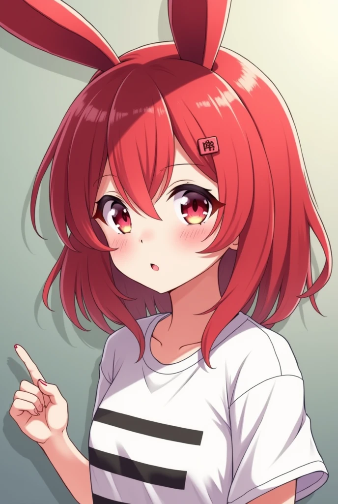 Anime girl with red bunny ears and yellow nose, with a white t-shirt with black stripes furry style