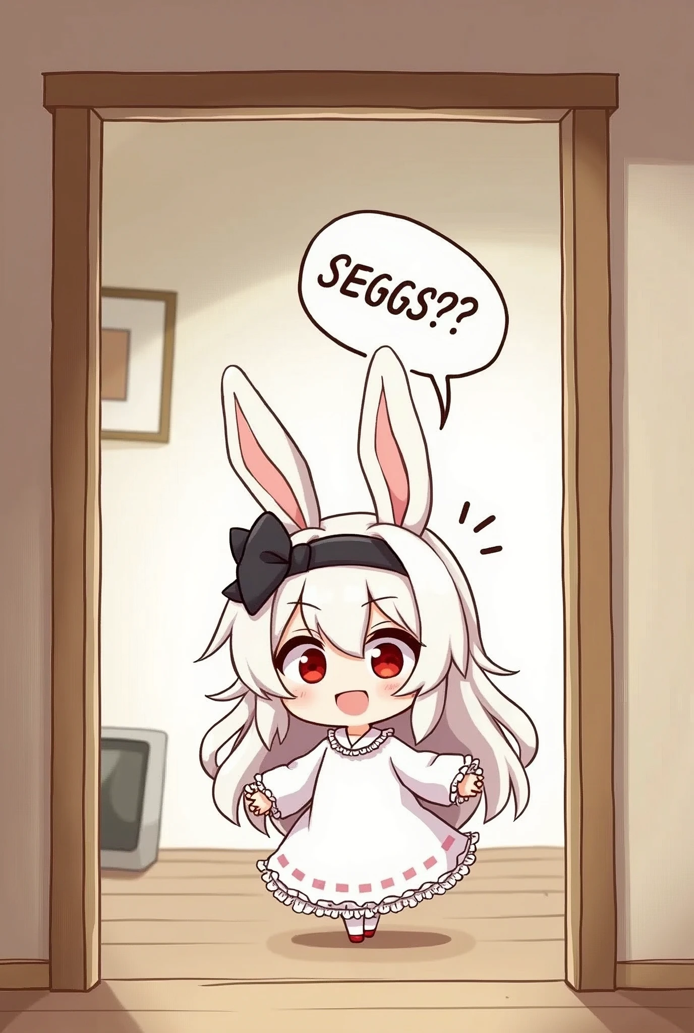 score_9, score_8_up, score_7_up, score_6_up, score_5_up, score_4_up, source_anime,source_furry,rating_safe,rating_questionable,masterpiece, best quality, perfect ??????? , very aesthetic , absurdres, Seggs, chibi, open mouth, smile, (english text says "SEGGS???":1.2),1girl\(2.5D,cute,kawaii,small kid,white hair:1.4,(long hair),(rabbit ear),white long dress with frill,red eyes,big eyes,beautiful shining eyes,skin color white,big black hairbow,\), inside neat cute wooden house