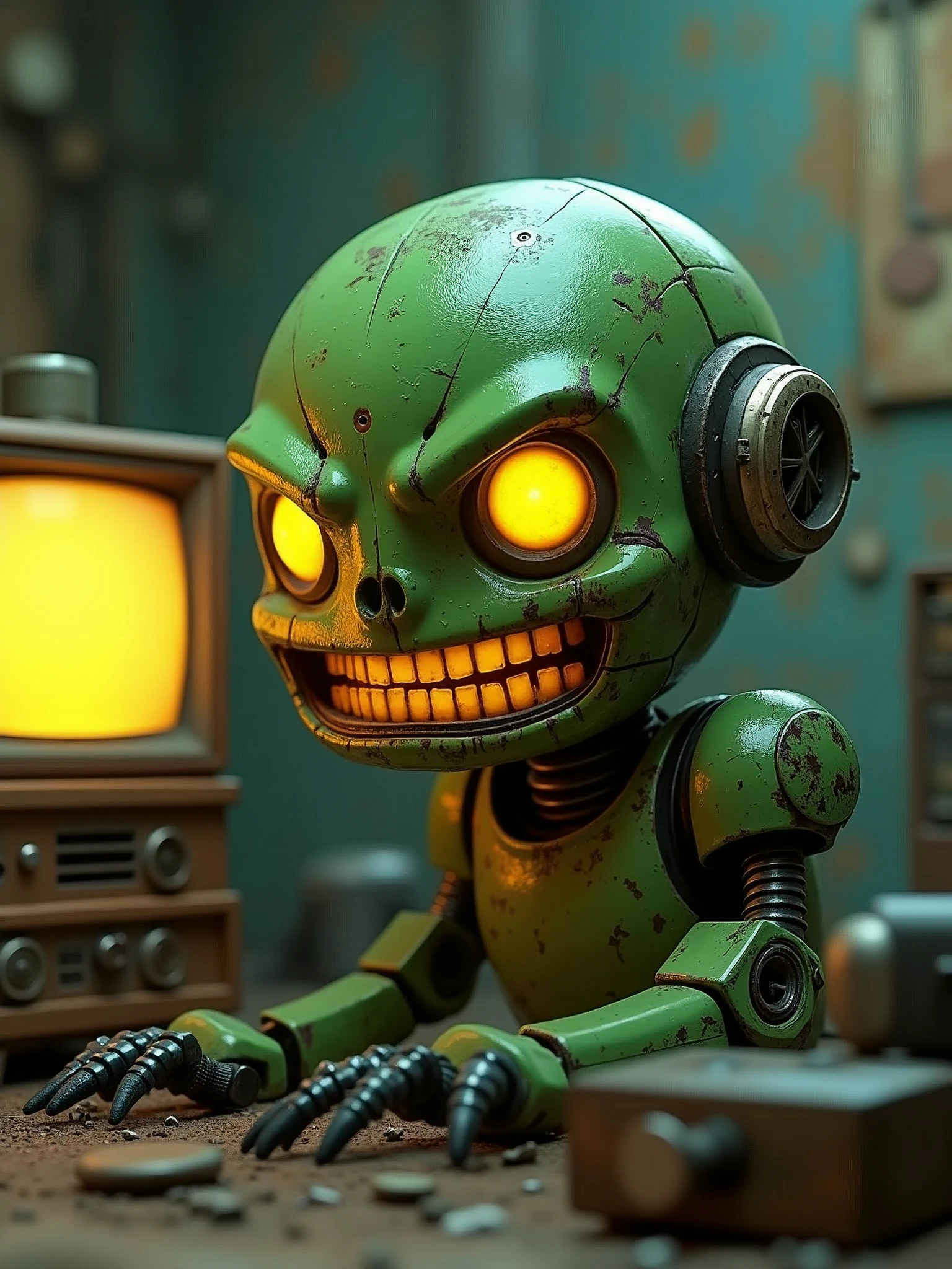 a green robot with a yellow light coming out of it's mouth, best of behance, inspired by Pixar, radios, apocalyptic 8k, mr. nimbus character design, textured in substance, detailed –n 9, it is visibly angry at the tv, rusty meat machine, oscilloscope, bastion