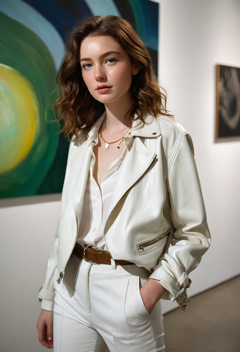 A stunning 24-year-old woman with wavy chestnut brown hair and deep green eyes is walking through a modern art gallery. She wears a stylish yet understated outfit: a white blouse tucked into high-waisted trousers, and her light leather jacket draped over her shoulders. Her fair complexion and light freckles are softly lit by the gallery lights. She gazes thoughtfully at a painting, her silver necklace with a small pendant glinting subtly.