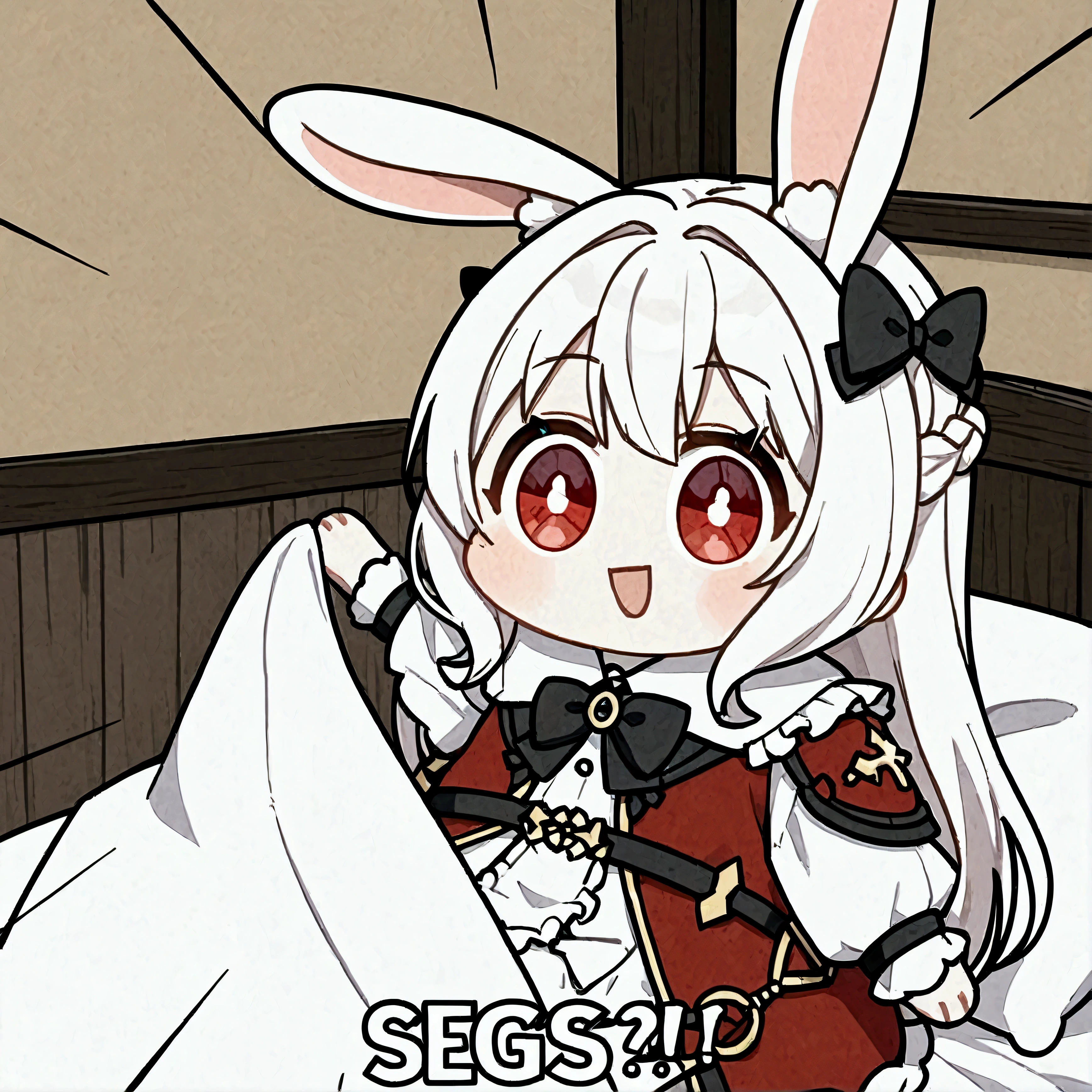 score_9, score_8_up, score_7_up, score_6_up, score_5_up, score_4_up, source_anime,source_furry,rating_safe,rating_questionable,masterpiece, best quality, perfect anatomy , very aesthetic , absurdres, Seggs, chibi, open mouth, smile, (english text says "SEGGS???":1.2),1girl\(2.5D,cute,kawaii,small ???,white hair:1.4,(long hair),(rabbit ear),white long dress with frill,red eyes,big eyes,beautiful shining eyes,skin color white,big black hairbow,\), inside neat cute wooden house