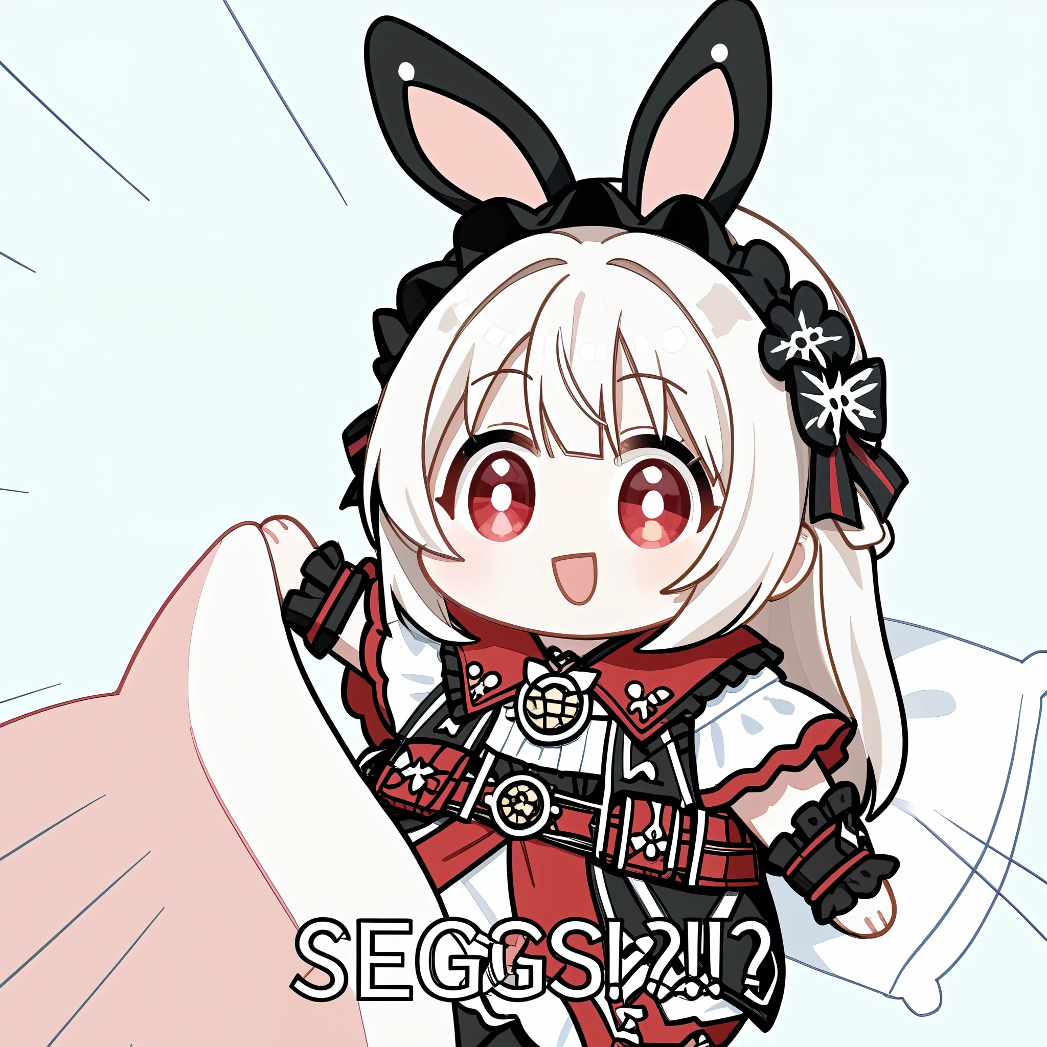score_9, score_8_up, score_7_up, score_6_up, score_5_up, score_4_up, source_anime,source_furry,rating_safe,rating_questionable,masterpiece, best quality, perfect anatomy , very aesthetic , absurdres, Seggs, chibi, open mouth, smile, (english text says "SEGGS???"),1girl\(2.5D,cute,kawaii,,white hair:1.4,(long hair),(rabbit ear),white long dress with frill,red eyes,big eyes,skin color white,big black hairbow,\), inside neat cute wooden house