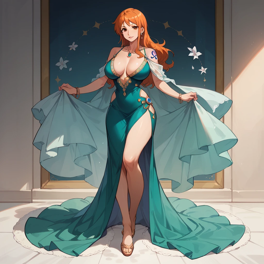 1girl, nami, best quality, masterpiece, ultra-detailed, high quality, highres, 1girl, mature female, beautiful, beautiful and perfect face, full body,
