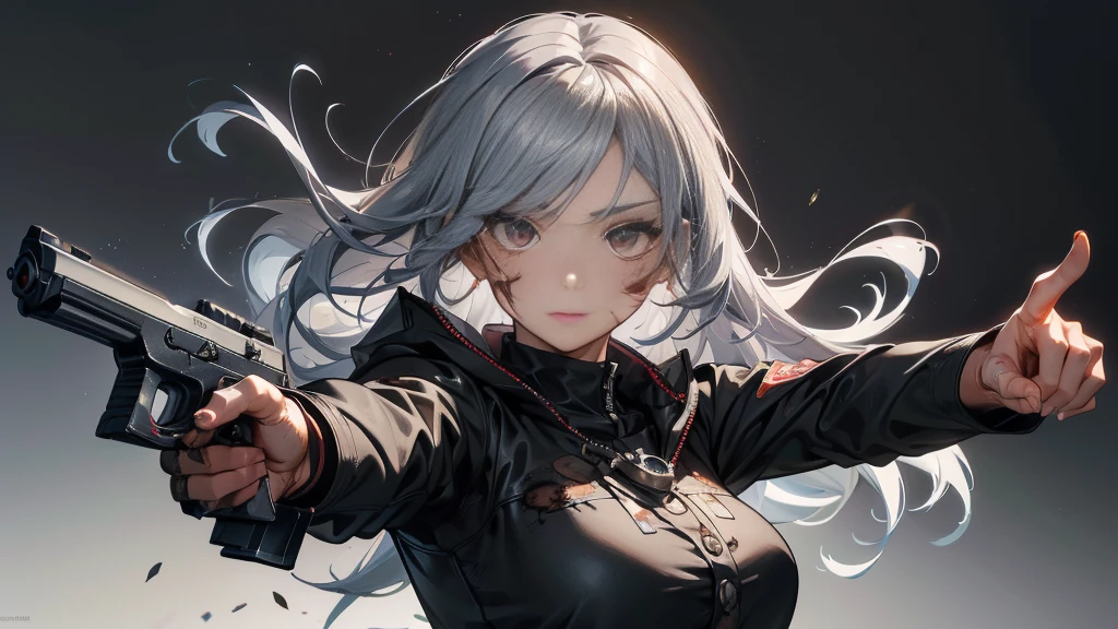 Beautiful woman、Handgun、looking at the camera、((Aim the gun at the camera))、((Upper Body))、((Gray Hair))、((Photograph from the front))、(((((gun))))),(((cowboy shot))),((((Pointing the gun this way))))（Covered in blood）、Clothes full of scratches、((Scarred Face))、Red-black eyes、Detailed eyes、Scorched black clothes、((Detailed hands))、Black gloves、high resolution、Detailed picture、Beautiful painting、Targeting You、Holding a gun and staring at the viewer, Cold look、masterpiece, best quality, detailed beautiful face and eyes,detailed beautiful face,and eyes