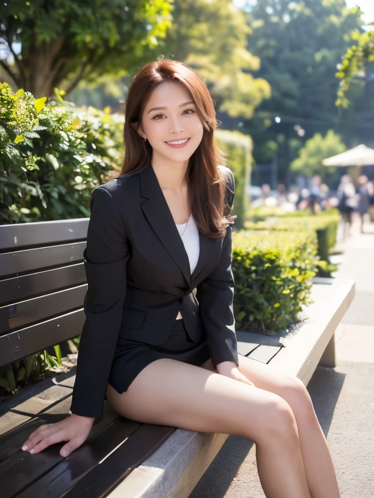 最high quality, 8k, Masseter region, Energetic, Clear focus, high quality, High resolution, Delicate face, Microparticles, Thick lips, (Looking at the audience), Lonely, Beautiful woman, Full body image, Front image, I can see her panties, 45 years old, plum, Brown Hair, Shoulder-length straight hair, (business suit:1.5), (Black tight mini skirt:1.4)), afternoon、In front of the garden in the park,(Sit on a bench:1.5)、((smile:1.5))、((Wearing black high heels))