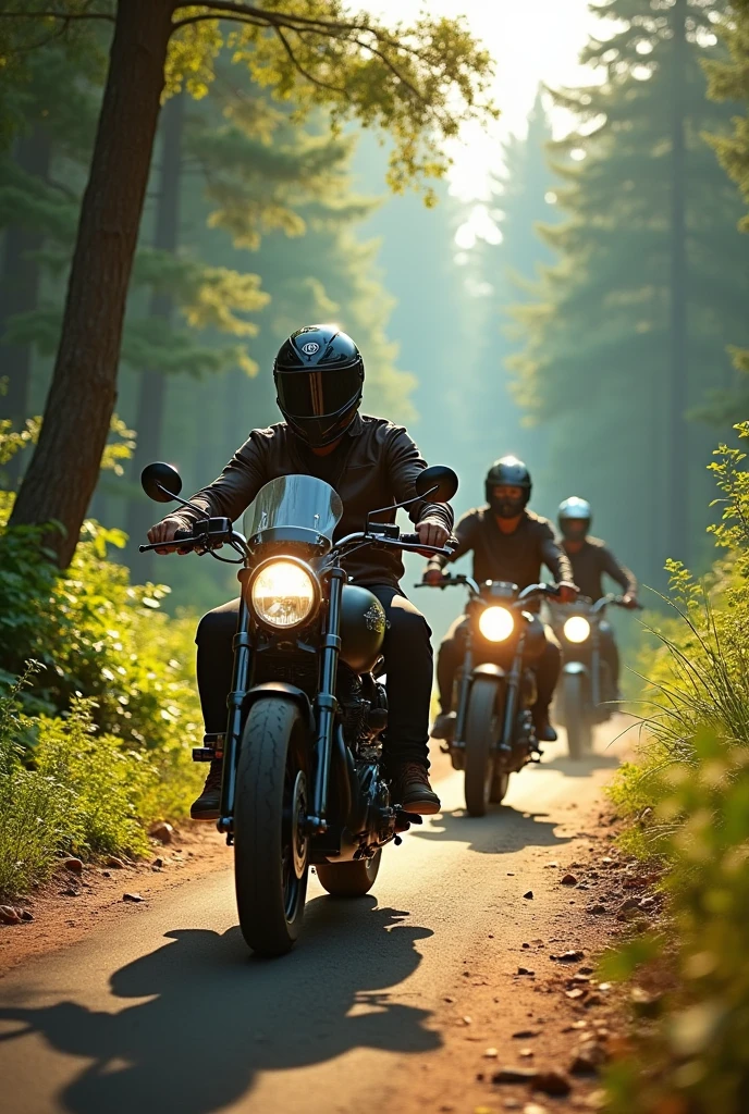 Generate travelling photos of male friends riding there motorbikes from a forestry area