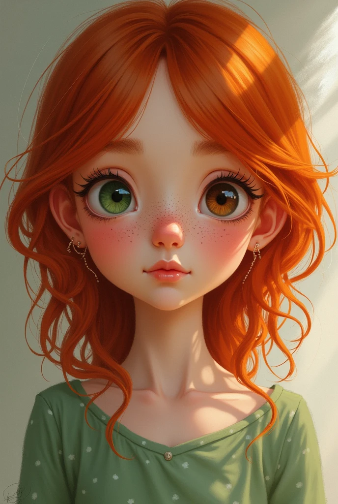 An 11 year old redhead with freckles, few almost invisible, with two-colored eyes