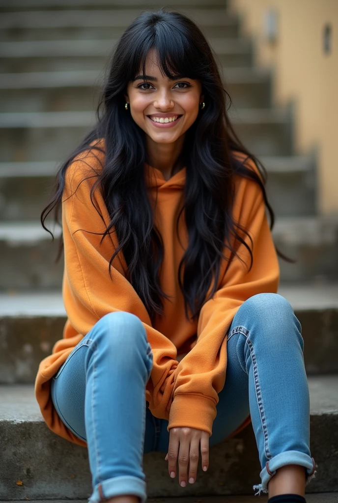 highest quality, Realistic, Very detailed, Finer details, High resolution, 8k wallpaper, One beautiful woman,Sit on the stairs、smile、、（Black socks） Oversized hoodie, Skinny jeans,（ Black sneakers）、Black Hair、 Beautiful Bangs、ear piercing、Perfect dynamic composition, Beautiful and detailed, Full indian culture girls, A big smile waiting to start
