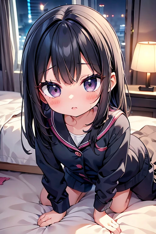 One person、Long Hair、Lori、Black Hair、With bangs、6 year old girl、small、1st grade elementary school students、Baby Face、((Ahegao))、Big eyes、barefoot、black eye、cute、Are thin、凄くsmall胸、pajamas、On all fours、身長のsmall、Night view、Bedroom、bed、Bare Skin、Show your face、((Lying down))、Get closer to the camera