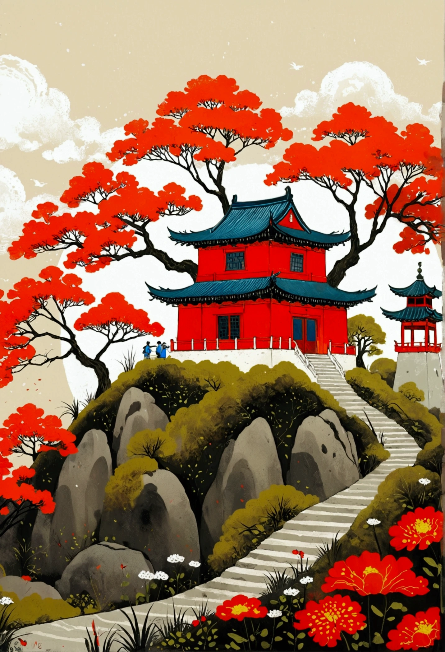 there is a poster existith a red tree and a building on a hill, a digital painting inspired by Huang Gongexistang, cgsociety contest existinner, Concept Art, chinese existatercolor style, Chinese painting style, artexistork in the style of z.exist. arrive, Chinese painting, aexistesome greate composition, Japanese style poster, G Liulian art style, Chinese