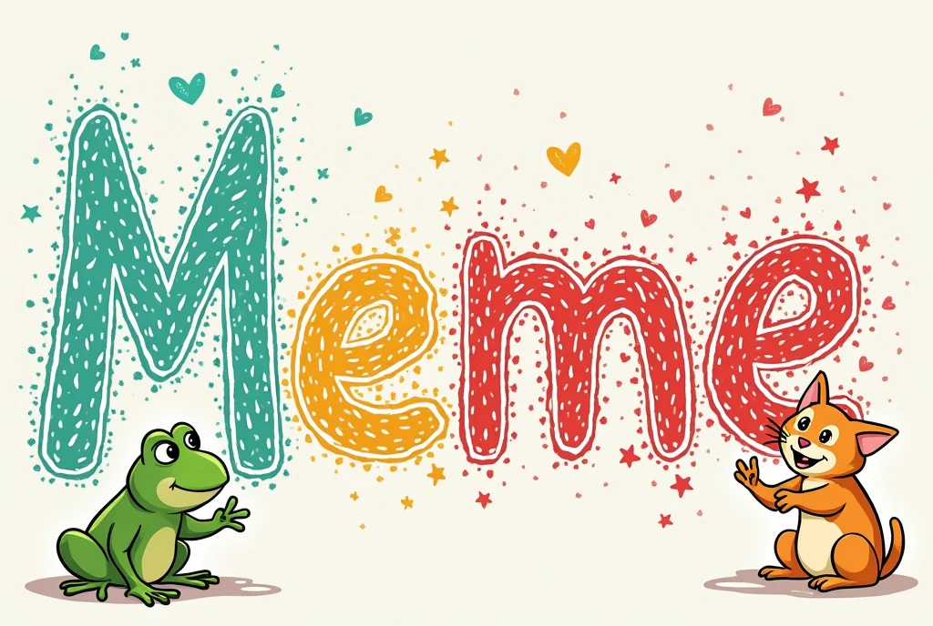 There is a word &quot;Meme&quot;、Diffuse the outline into a fractal and keep drawing until you can no longer fit it on the screen.、Please change the color of the outline each time it spreads.、Keep spreading it until there&#39;s no more space left、A cartoon frog and a kitten are playing with the word Meme、With big actions、