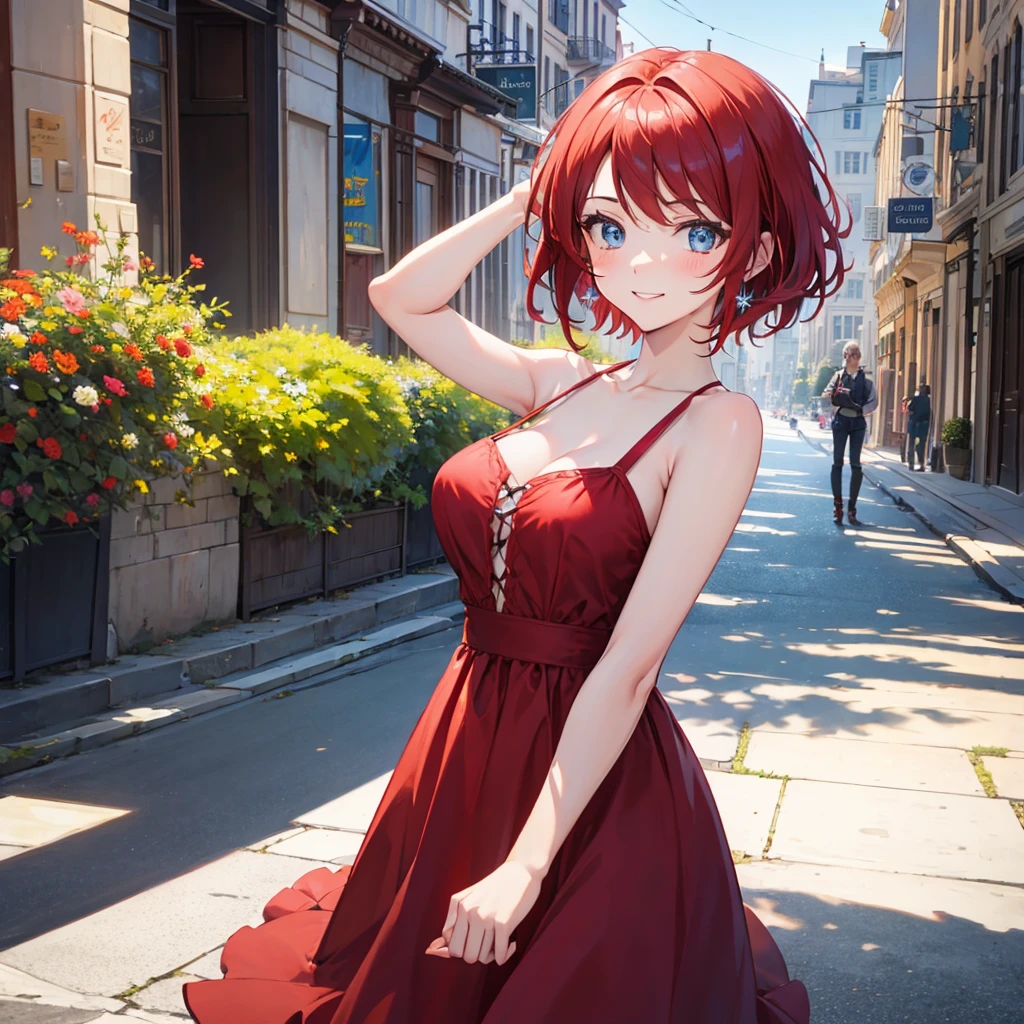 (masterpiece, best quality:1.2), kallen stadtfeld, blue eyes, red hair, short hair, sundress, cowboy shot, dynamic angle, solo, 1girl, smile, blushing, looking at viewer, city street, daylight, dynamic pose,armpits, extra dominate