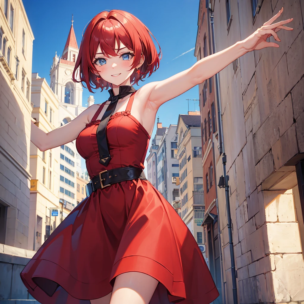 (masterpiece, best quality:1.2), kallen stadtfeld, blue eyes, red hair, short hair, sundress, cowboy shot, dynamic angle, solo, 1girl, smile, blushing, looking at viewer, city street, daylight, dynamic pose,armpits, extra dominate