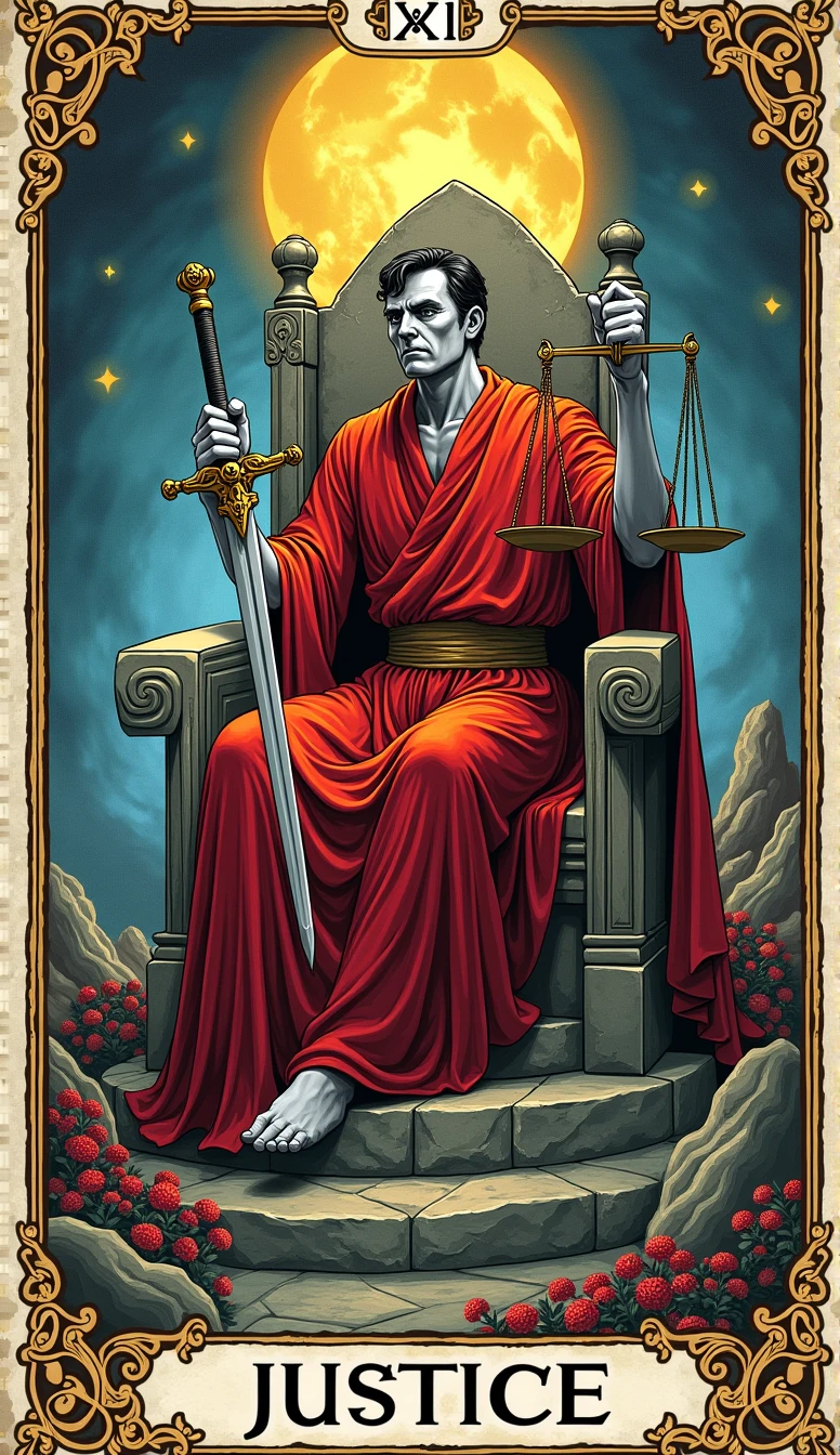 a card, intricate detailed tarot card illustration, gothic style tarot card, tarot card justice card, card header with text "XI", card footer with text "JUSTICE", text font style medieval, celestial elements, 1man, stern, white skin, black short hair jury, red tunic, holding sword in one hand other hand holding weighbridge, sitting in a stone throne, gothic ornate, soft focus, cinematic lighting, dramatic shadows, vivid colors, rich color palette, mystical landscape, black gothic pattern
