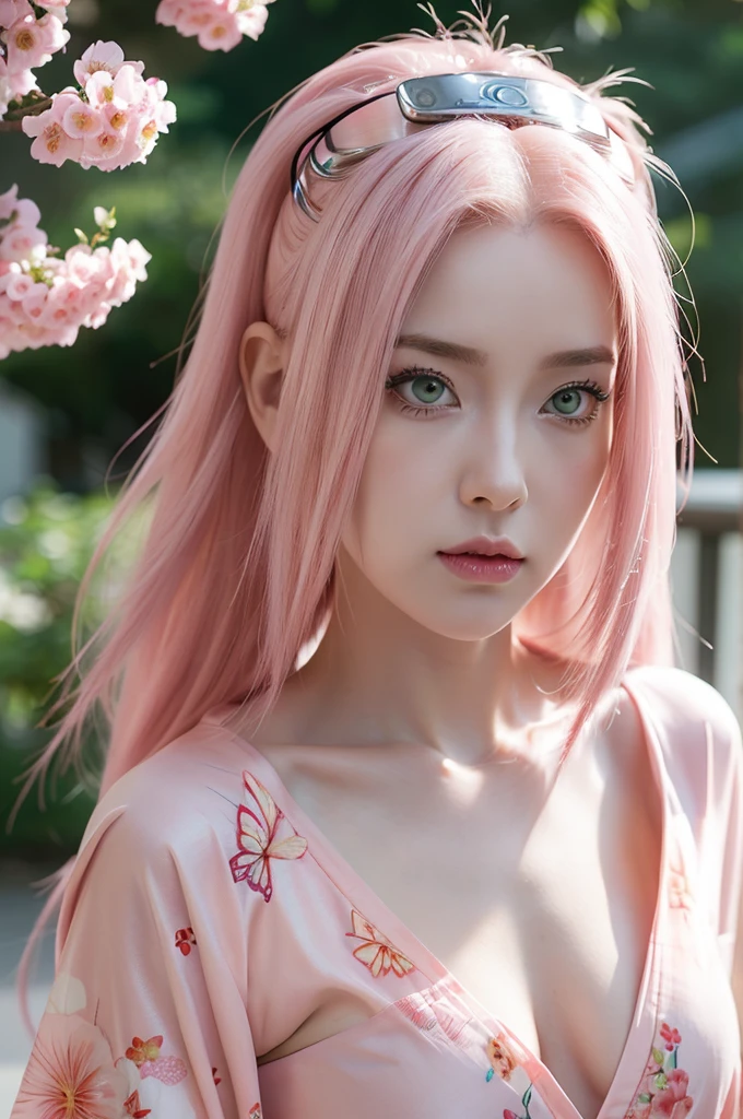 young woman pale skin, long bubblegum pink hair, pink eyebrows, big jade green eyes, buttoned nose, peach lips, small breasts, wide forehead, kimono of flowers and butterflies, Sakura Haruno, realist, 3D