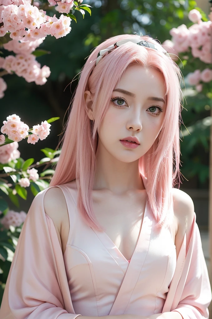 young woman pale skin, long bubblegum pink hair, pink eyebrows, big jade green eyes, buttoned nose, peach lips, small breasts, wide forehead, kimono of flowers and butterflies, Sakura Haruno, realist, 3D