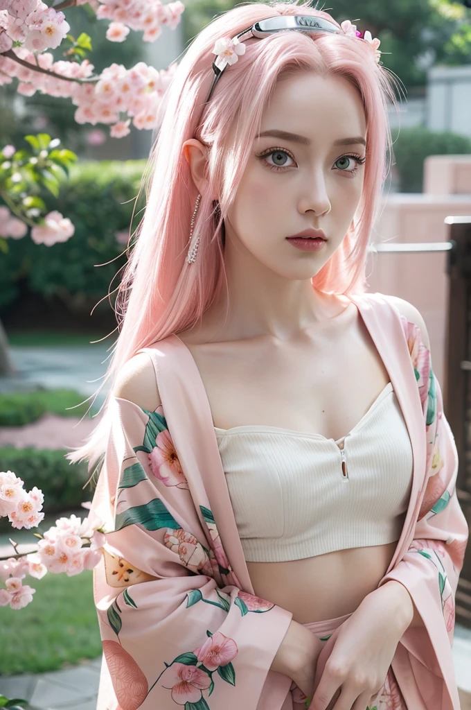 young woman pale skin, long bubblegum pink hair, pink eyebrows, big jade green eyes, buttoned nose, peach lips, small breasts, wide forehead, kimono of flowers and butterflies, Sakura Haruno, realist, 3D