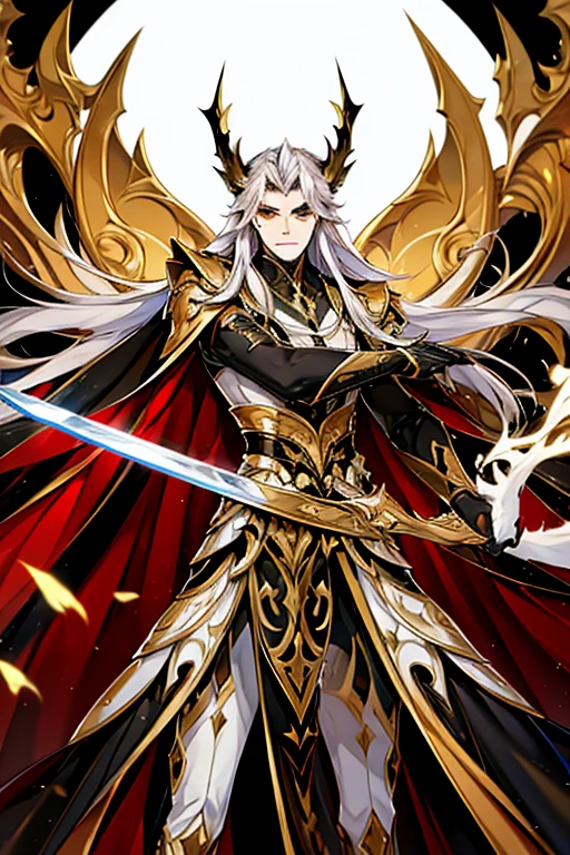 Perfect details, special details, top quality, handsome, domineering, serious, majestic, bad boy style, looking straight ahead. A man with long white hair, yellow eyes, broad shoulders, and a well-balanced, toned body from years of training. He is wearing a black shirt and a Hanfu with red dragon patterns and gold edges that highlight the aura of a leader, with two golden horns. He is standing while holding a sword. Best quality, 16K, masterpiece, with detailed face drawing, detailed eye drawing, detailed body drawing, complete with two arms and two legs (two arms:1.4, two legs:1.4).