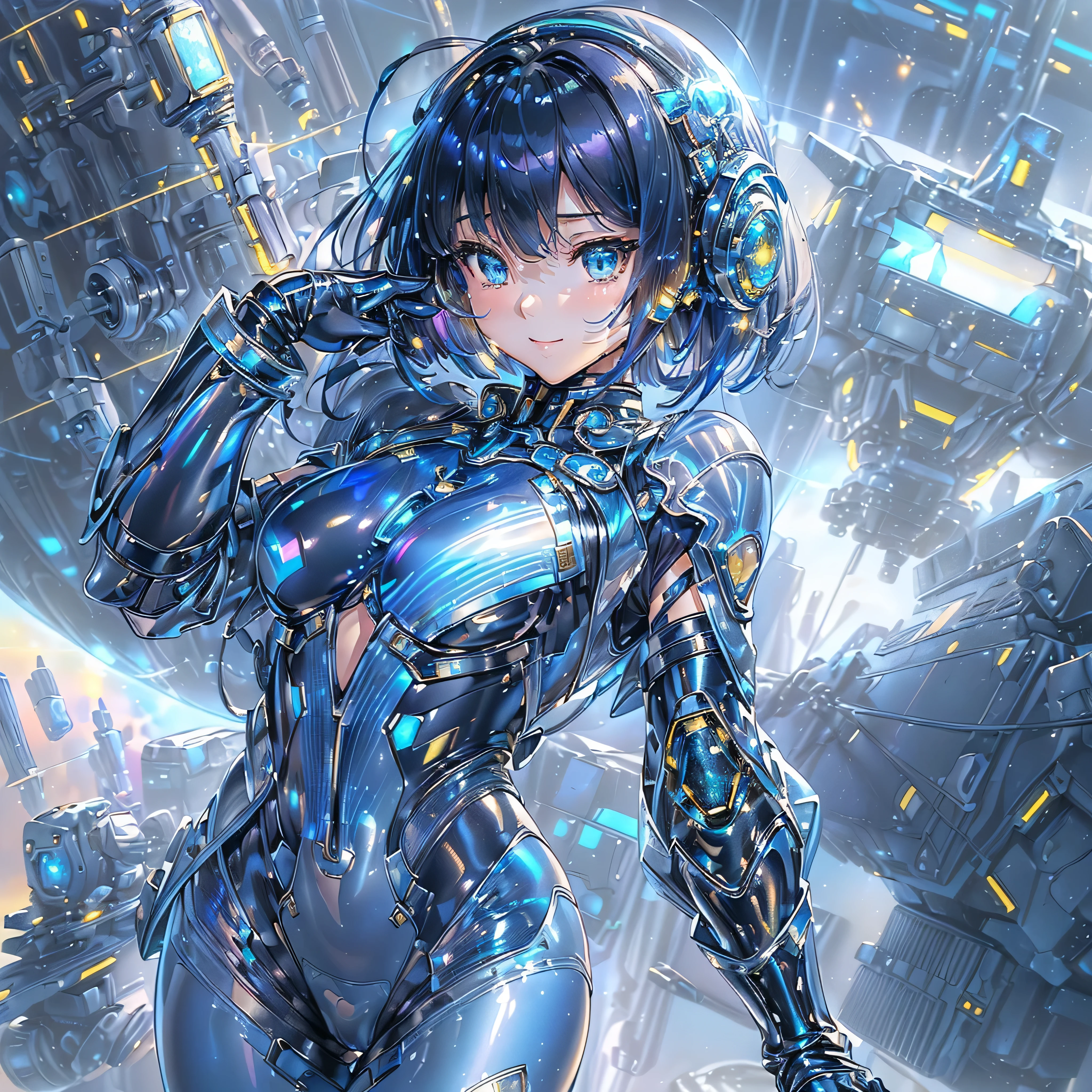 ((Holographic glow effect)),(masterpiece、Highest quality、Highest Resolution、Clear_image、Detailed details、Angle from above): (Whole body、One 20 year old girl、Japanese Faces、Small Face、Slender、Navy blue super short bob cut hair、(Hidden small breasts:1.3)、Sparkling blue eyes、Shiny pilot suit in blue and black colors、Chest protection armor、Tight fitting clothes、Clothing that covers the whole body、Glamorous clothes、Tight Fit Pants、Hide your skin、Very delicate and beautiful、Detailed Skin、hide thighs、Hide your ass、Cute、A gentle smile、Soft expression、heroine、headset、Knee-high boots、Elbow-length gloves、Eye Level Shot、Face directly、Woman on a spaceship)