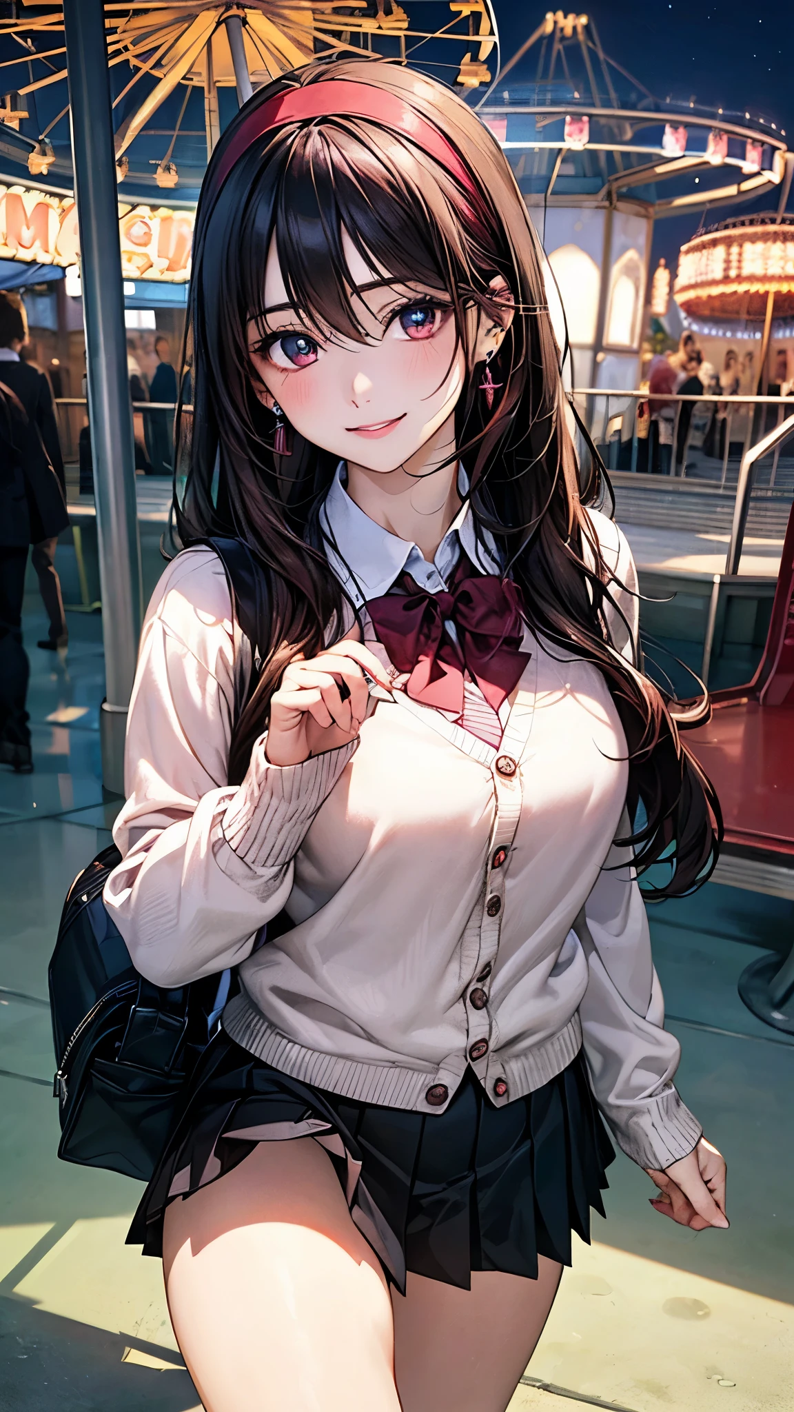 (masterpiece:1.2, highest quality), (realistic photo:1.4), beautiful illustrations, (natural side lighting, movie lighting),
looking at the viewer, 1 girl, japanese, high school girl, perfect face, cute symmetrical face, shiny skin, baby face,
(long hair, straight hair, black hair), hair between eyes, maroon eye idol chest, seductive thighs, big ass), earrings, break (dark red hairband, dark red flat bow tie), break
beautiful hair, beautiful face, detailed and beautiful eyes, beautiful clavicle, beautiful body, beautiful breasts, beautiful thighs, beautiful feet, beautiful fingers, slender,
(white collared shirt, long sleeve pink knit cardigan, black pleated mini skirt), break navy school bag,
(beautiful scenery), evening, (amusement park:1.2, merry-go-round, ferris wheel), (pigeon toed), (lovely smile, upper eye),