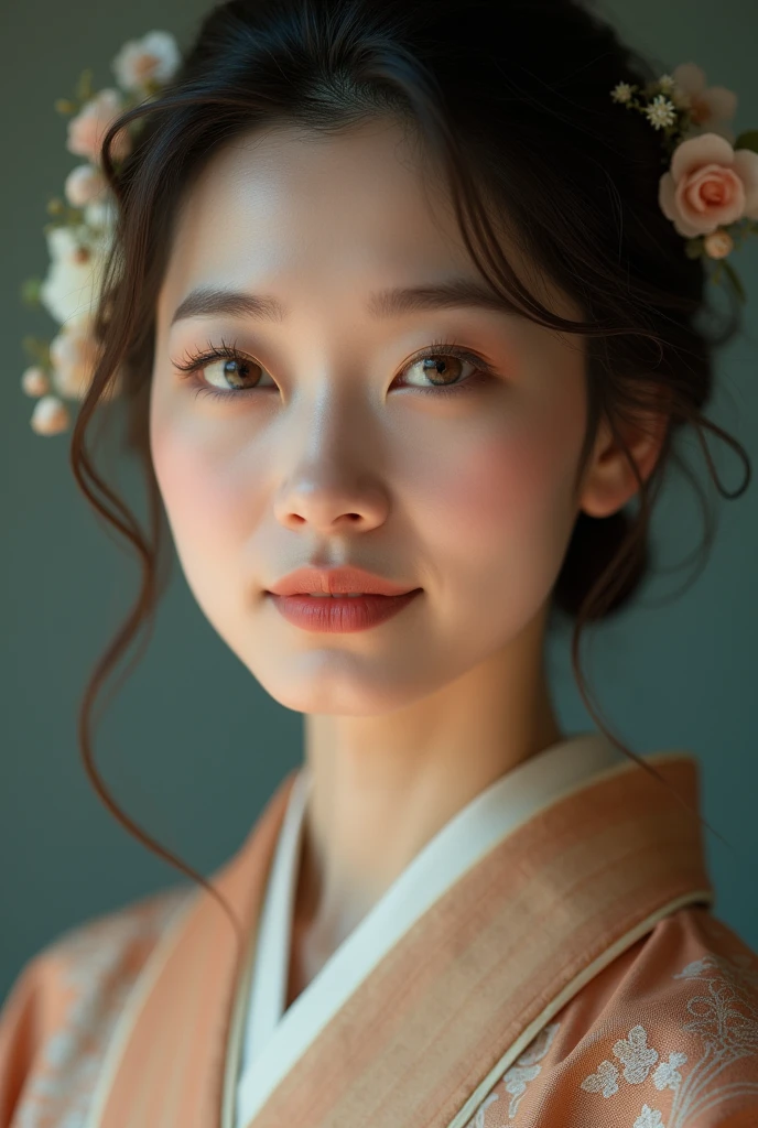 An elegantly dressed Japanese woman in natural light、A close-up of her chest and calm expression.、It shows her inner peace and outer charm.。