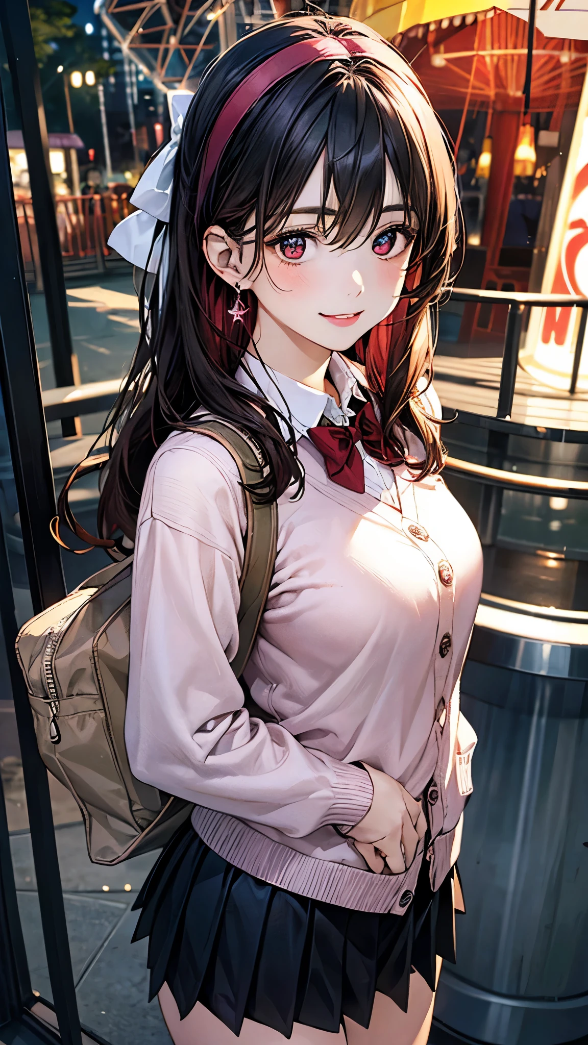 (masterpiece:1.2, highest quality), (realistic photo:1.4), beautiful illustrations, (natural side lighting, movie lighting),
looking at the viewer, 1 girl, japanese, high school girl, perfect face, cute symmetrical face, shiny skin, baby face,
(long hair, straight hair, black hair), hair between eyes, maroon eye idol chest, seductive thighs, big ass), earrings, break (dark red hairband, dark red flat bow tie), break
beautiful hair, beautiful face, detailed and beautiful eyes, beautiful clavicle, beautiful body, beautiful breasts, beautiful thighs, beautiful feet, beautiful fingers, slender,
(white collared shirt, long sleeve pink knit cardigan, black pleated mini skirt), break navy school bag,
(beautiful scenery), evening, (amusement park:1.2, merry-go-round, ferris wheel), (pigeon toed), (lovely smile, upper eye),