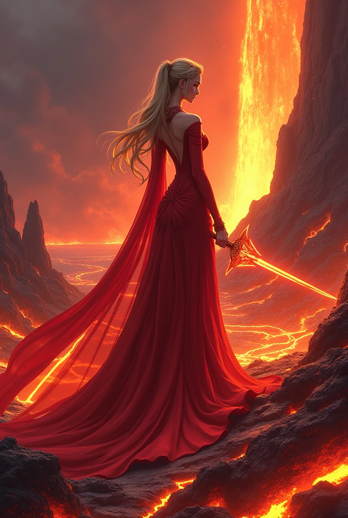 Create an anime image of a queen wearing a red lava dress holding a lava sword standing on top of a lava mountain with her back to the viewer and looking towards the cliff.