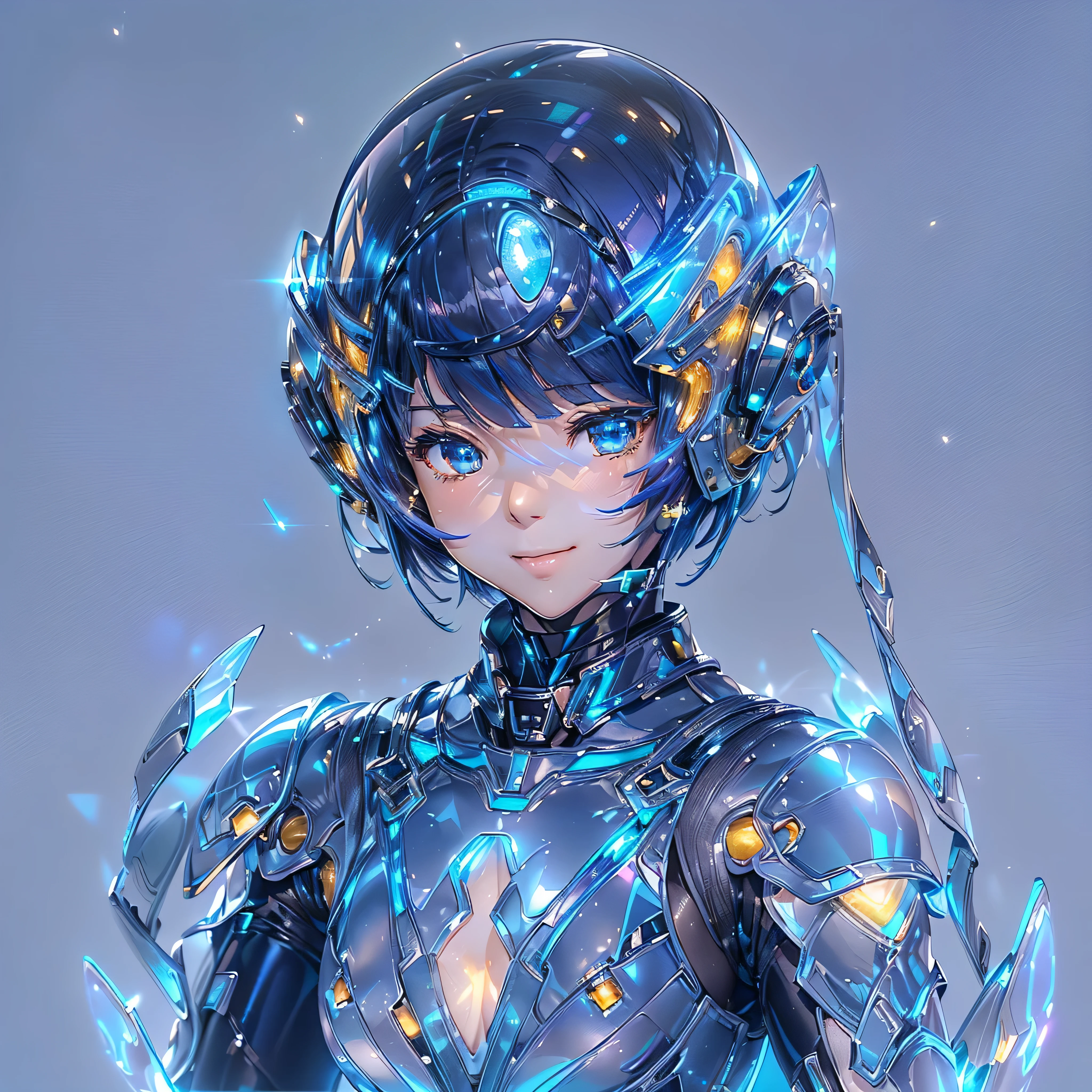 ((Holographic glow effect)),(masterpiece、Highest quality、Highest Resolution、Clear_image、Detailed details、Angle from above): (Whole body、One 20 year old girl、Japanese Faces、Small Face、Slender、Navy blue super short bob cut hair、(Hidden small breasts:1.3)、Sparkling blue eyes、Shiny pilot suit in blue and black colors、Chest protection armor、Tight fitting clothes、Clothing that covers the whole body、Glamorous clothes、Tight Fit Pants、Hide your skin、Very delicate and beautiful、Detailed Skin、hide thighs、Hide your ass、Cute、A gentle smile、Soft expression、heroine、headset、Knee-high boots、Elbow-length gloves、Eye Level Shot、Face directly、Woman on a spaceship)