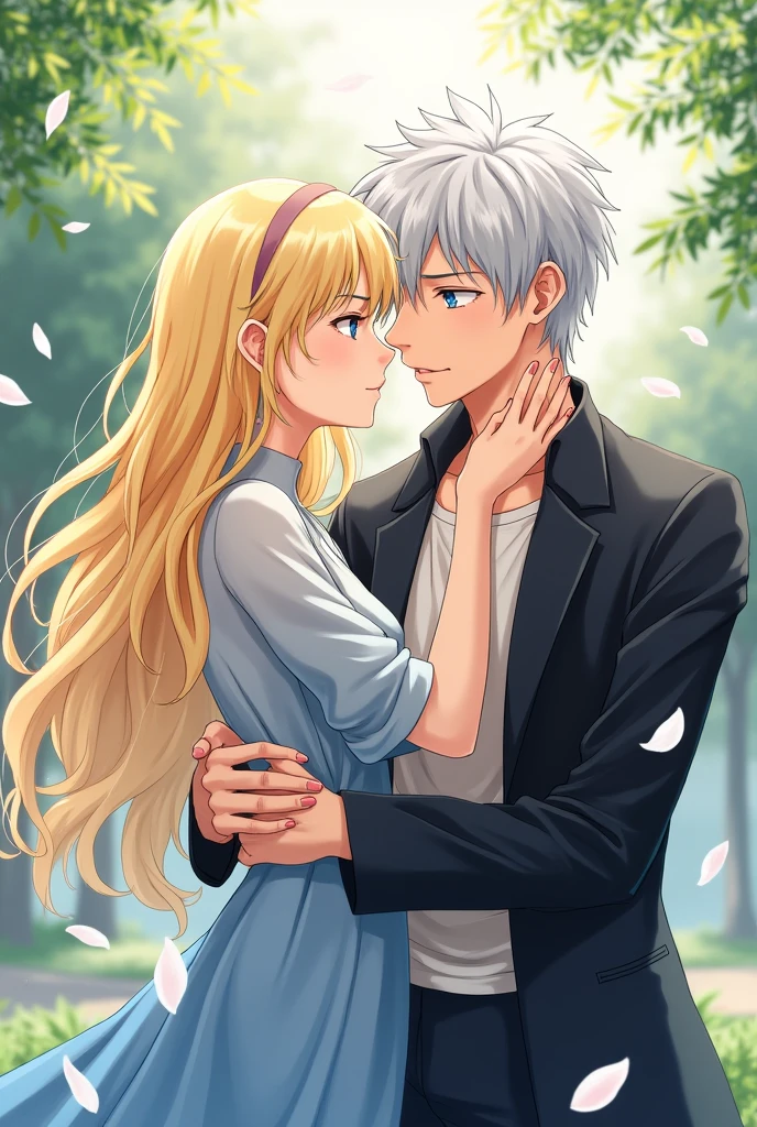 Gojo saturo Hugging with a blonde woman anime version 