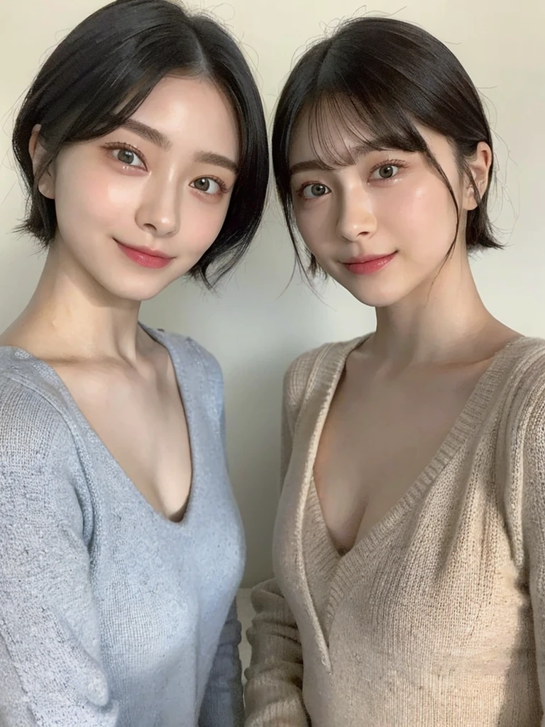 (masterpiece:1.3), (8k, Photoreal, Raw photo, best image quality: 1.4), Japanese high school girl、(random hairstyle:1.2)、cleavage:1.5、super detail face、eye for details、double eyelid、chest to chest、sharp focus:1.2、Beautiful woman:1.4、light brown hair、highest quality、masterpiece、超A high resolution、(Photoreal:1.4)、Highly detailed and professionally lit smiles、loose and light knitwear、shoulder out、thin、serious expression、short haired、deadly position
similar identical twins
All the girls have the exact same face, The two have the same face and figure, as if they were mirror images.