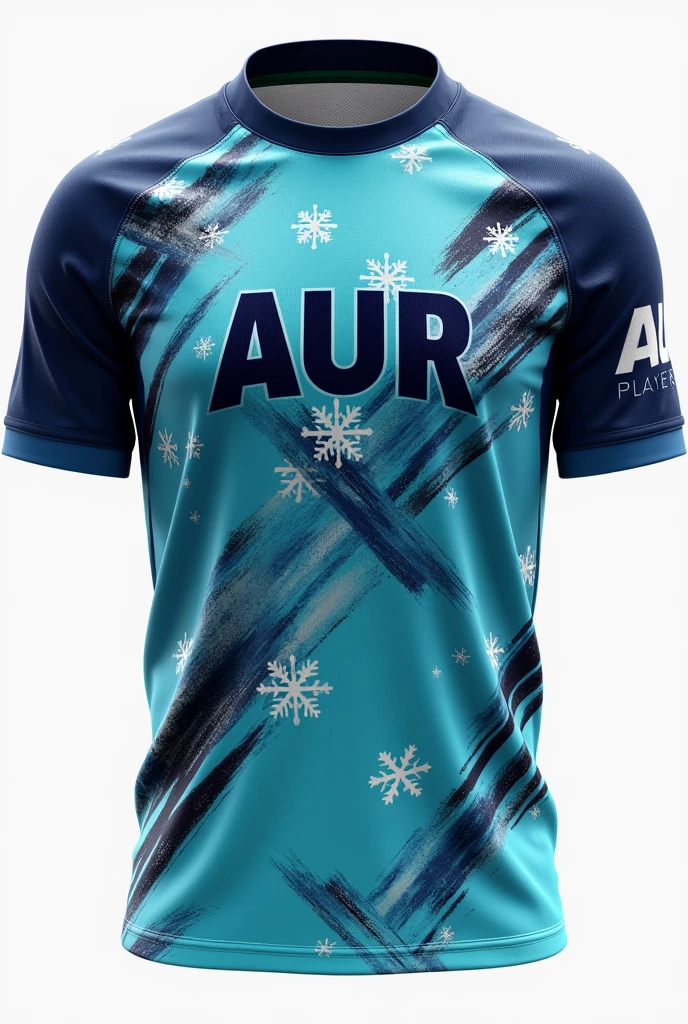 Acollared, 3-button neckline. The center front should feature the word 'AUR'. On the back, center the player's name above their role. The theme color is blue, teal, gray, little bit of black, and white. The design should have a Little bit of "slash geometric shapes like SPIRALS", "wind slashes", and "a lot of snowflakes pattern".