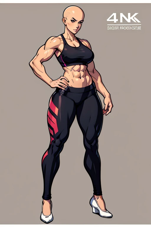 digital anime art, highly detailed, reference sheet, standing pose, feminine features, mature woman, adult female, muscular figure, six pack abs, thick arms and legs, whole body, bald, form-fitting, sports bra, yoga pants, ballerina shoes, 1woman, solo, upper body, lower body, ((Extremely Detailed)), ((Best Quality)), ((Masterpiece)), ((4k)).
