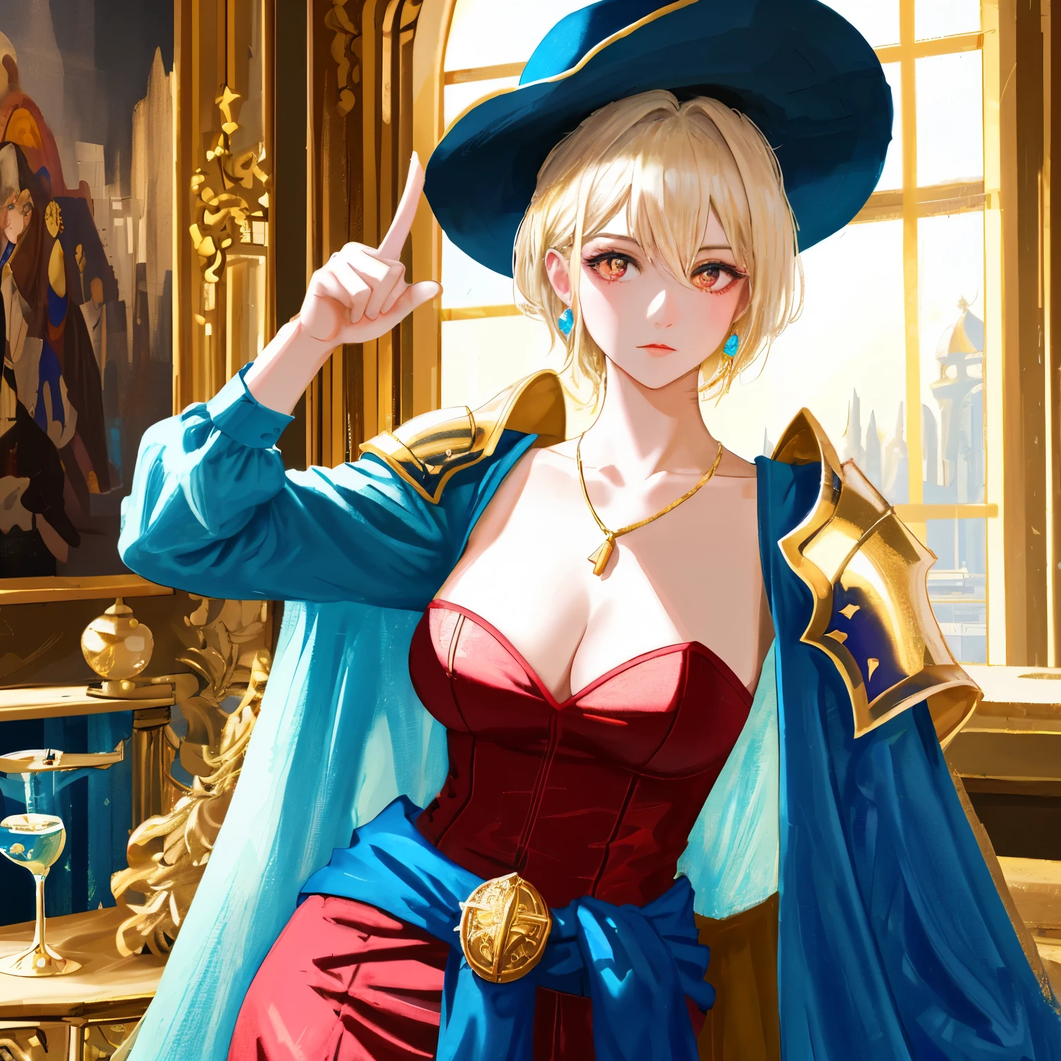 (((masterpiece, best quality, ultra-detailed, ultra high resolution, Top Quality photorealistic Illustration, Ultra Definition, cute illustration:1.3, high Saturation:1.2, detailed beautiful face and eyes, an extremely delicate and beautiful, nice hands, perfect hands, appropriate posture, appropriate configuration, ideal ratio body proportions, absurdres, realistic, Hyperreal, golden ratio:1.2, drafting board:1.3, ultra quality and detailed art, high resolution (HD, 4K, 8k, 16K), color bit depth: 24-bit, 48-bit, 8k, ultra high resolution: 1.2)))
BREAK
(((frame, Perfect, Don Quixote (Limbus Company), Blonde hair, Beautiful girl, Glasses, Soft breasts, Short hair, Hair between eyes, orange eyes, Topless, Breasts are visible, Golden accessories (ears, right middle finger, waist mark), Chain scientist hat from chest, Basketball hand, Armor, She has a book, a sword and a gold nugget, Bachelor of Medieval Europe, Cowboy style, Hello)))
BREAK
(((artistic and ultimate, strongest and perfect, extraordinary, groundbreaking, amazing, overwhelming, original, pioneering, innovative)))
BREAK
(((gold, Blue, green, light Blue, yellow, silver, deep red, light purple, deep brown, pink, wine red)))
BREAK
perfect female body, feminine curves, cleavage
BREAK
ギャンブル運の向上に祝福と加護をしてくれる方
BREAK
Pose: Holding a sword in the right hand and a gold nugget in the left hand. One leg forward in a powerful pose.
BREAK
Background: Luxurious casino interior with golden decorations.
BREAK
Clothing and colors: Knight-style armor in gold and white, with a Blue cloth wrapped around the waist.
BREAK
Hairstyle and color: Short blonde hair, bangs falling between the eyes.
BREAK
Expression and atmosphere: Confident expression, elegant and dignified atmosphere.
BREAK
Other (additional elements): Casino chips and cards scattered in the background.
BREAK
Recommended models and lora: Anything V4.5, AbyssOrangeMix2, Counterfeit-V2.5, lora: Don Quixote, frame, Blonde Hair, Glasses, Armor