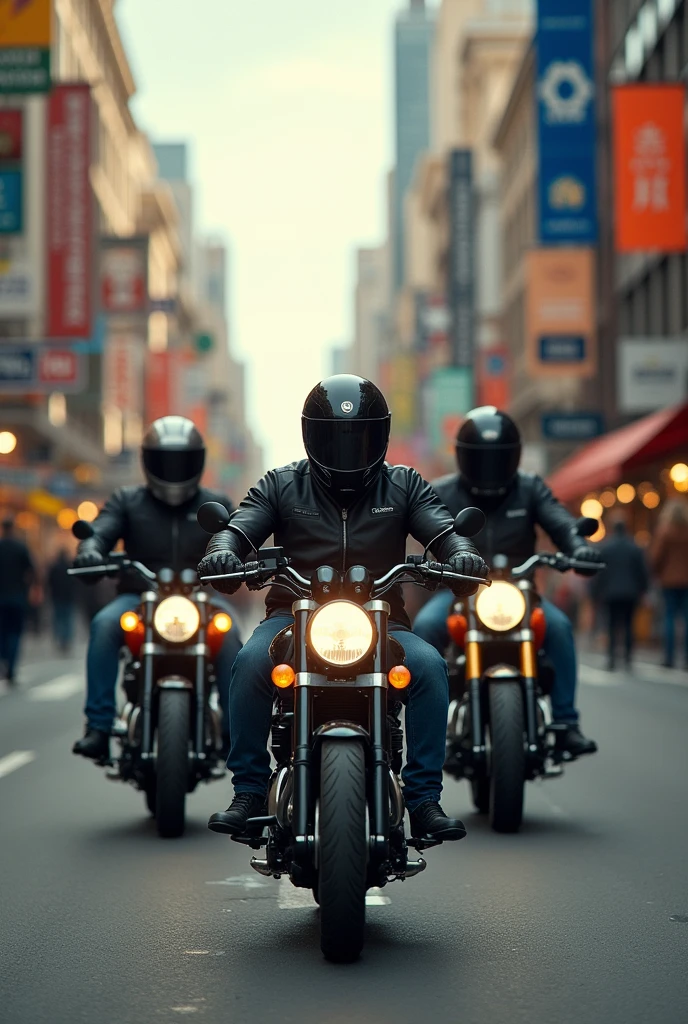 Generate travelling photos of male friends riding there motorbikes from a famous city