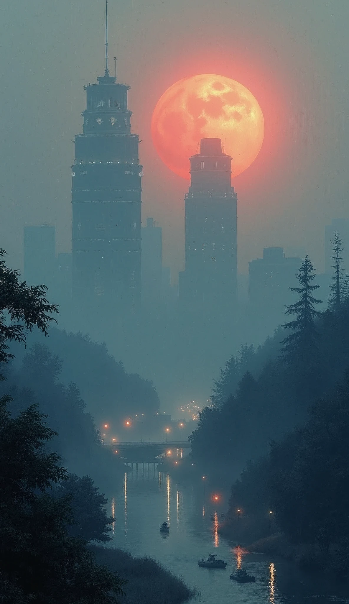 City at Dawn,Fantasy art,fog