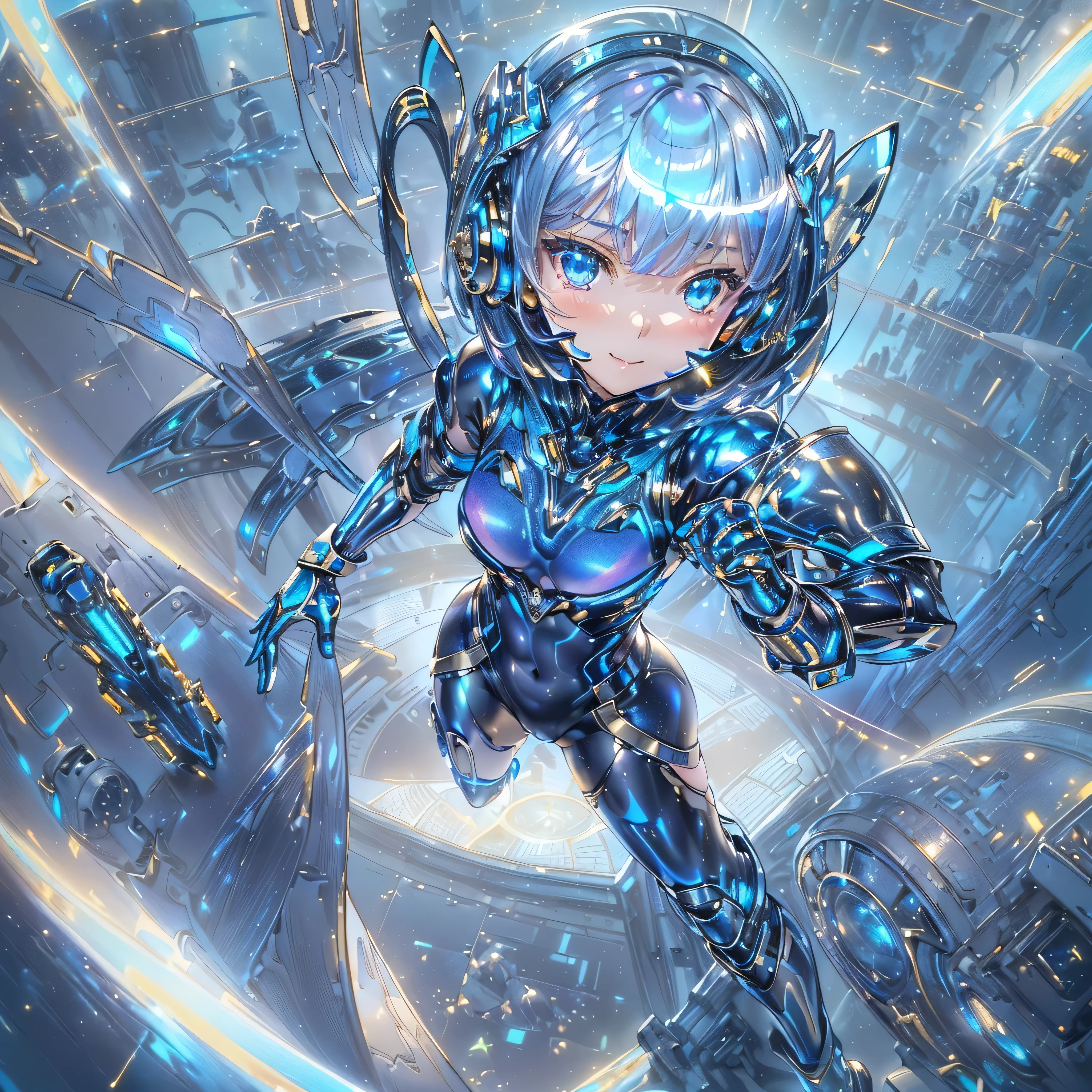 ((Holographic glow effect)),(masterpiece、Highest quality、Highest Resolution、Clear_image、Detailed details、Angle from above): (Whole body、One 20 year old girl、Japanese Faces、Small Face、Slender、Navy blue super short bob cut hair、(Hidden small breasts:1.3)、Sparkling blue eyes、Shiny pilot suit in blue and black colors、Chest protection armor、Tight fitting clothes、Clothing that covers the whole body、Glamorous clothes、Tight Fit Pants、Hide your skin、Very delicate and beautiful、Detailed Skin、hide thighs、Hide your ass、Cute、A gentle smile、Soft expression、heroine、headset、Knee-high boots、Elbow-length gloves、Eye Level Shot、Face directly、Woman on a spaceship)